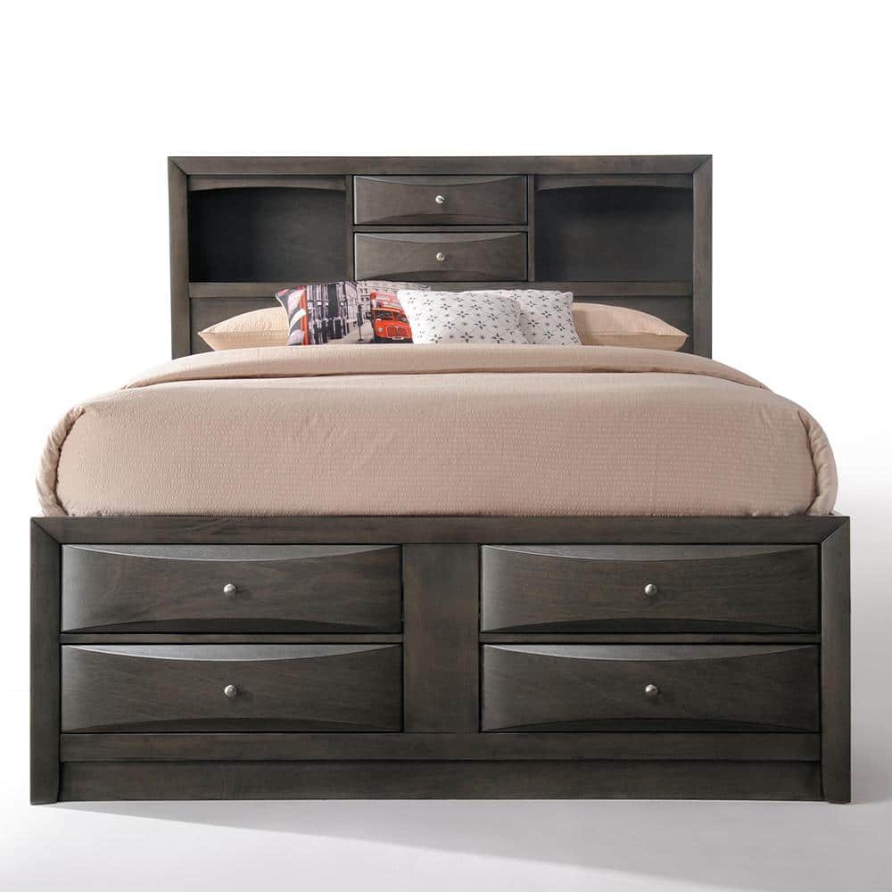 Gray Oak Upholstered King Captain's Bed with Bookcase Storage