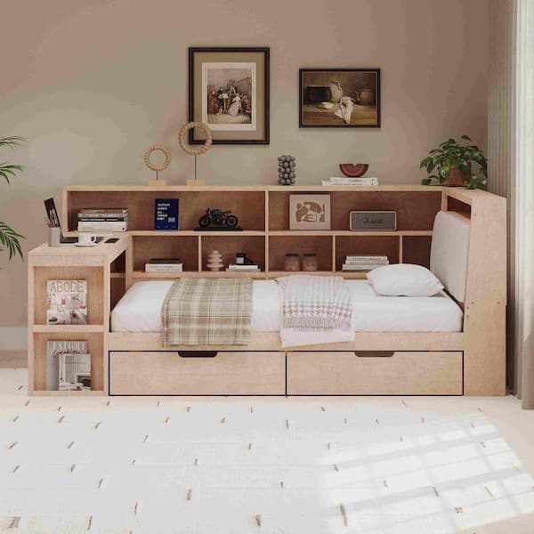 Natural Full Size Daybed with Desk and Storage Bookcase, Under-Bed Drawers and LED Light