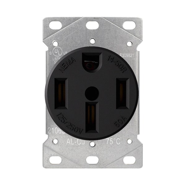 50 Amp 125/250V, NEMA 14-50R Flush Mount Power Outlet, Single Straight Blade Range and Dryer Outlet Grounding, Black
