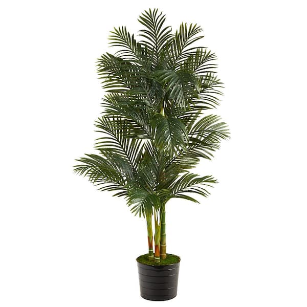 Nearly Natural 6ft. Golden Cane Artificial Palm Tree in Black Tin Planter