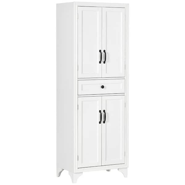 White painted finish with recessed door panels and antique metal hardware Pantry Organizer with Adjustable Shelves