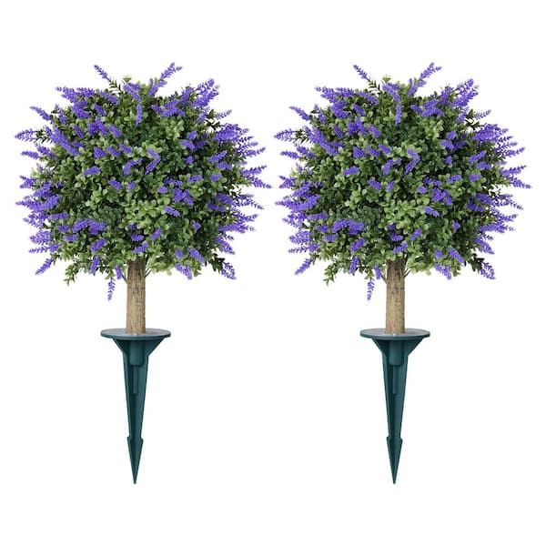 16 in. Artificial Boxwood Topiary Ball with Lavender Outdoor Fake Shrubs with Ground Spike of 2