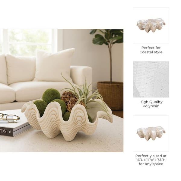 Liv & Skye Ivory 16 in. x 11 in. Resin Coastal Pearlized Clam