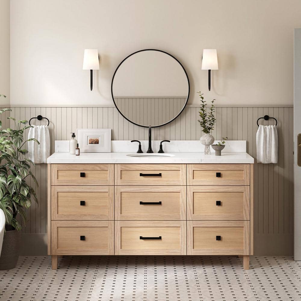 Monroe 66" Light Oak Freestanding Vanity with Carrara Quartz Top