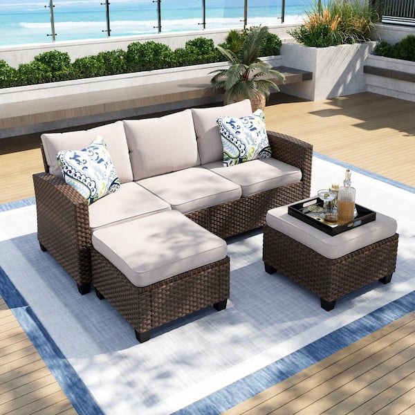 Brown Rattan Wicker 5 Seat 3-Piece Steel Outdoor Patio Conversation Set with Beige Cushions and 2 Ottomans