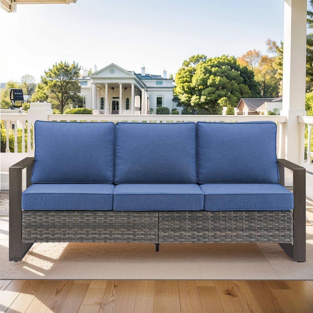 Gray Wicker and Steel Outdoor Sectional Sofa with Blue Cushions