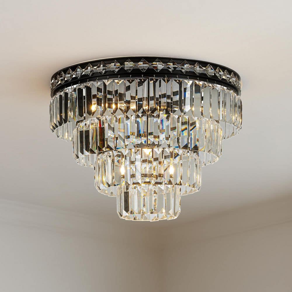 18 in. 4-Light Matte Black Modern Classic Crystal Flush Mount with Tiered Crystal Ceiling Light for Dining Room Foyer price history on PriceWatchPro