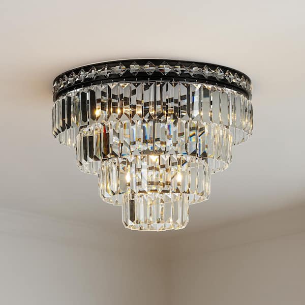 18 in. 4-Light Matte Black Modern Classic Crystal Flush Mount with Tiered Crystal Ceiling Light for Dining Room Foyer
