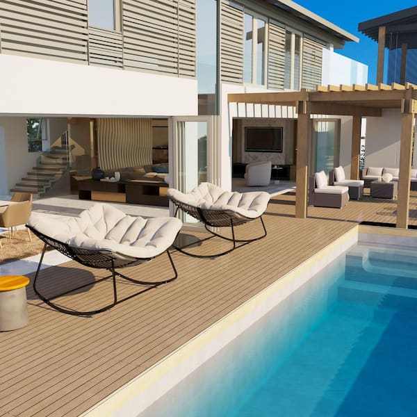 Cesicia Metal Outdoor Rocking Chair Dark Gray Frame with Beige Cushion Water-Resistant For Backyard, Patio, Poolside