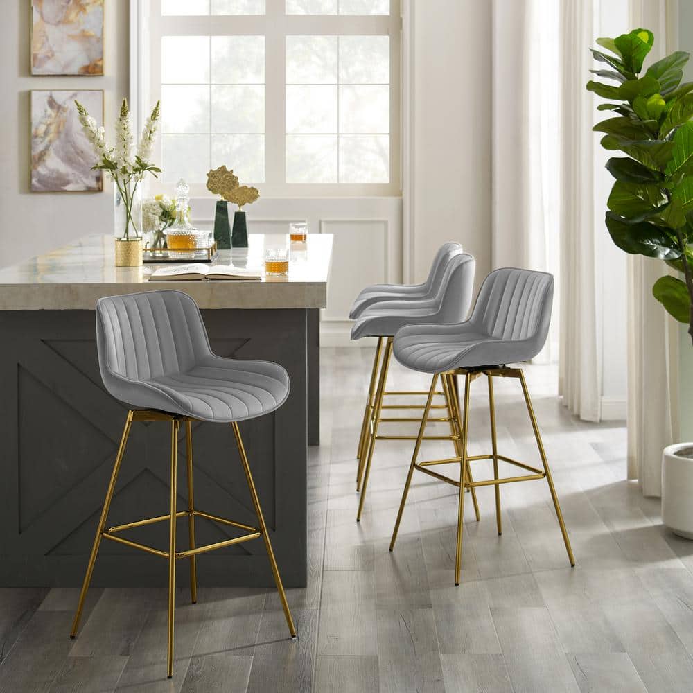 Luxurious Gray Velvet & Gold-Plated Swivel Bar Stool Set
