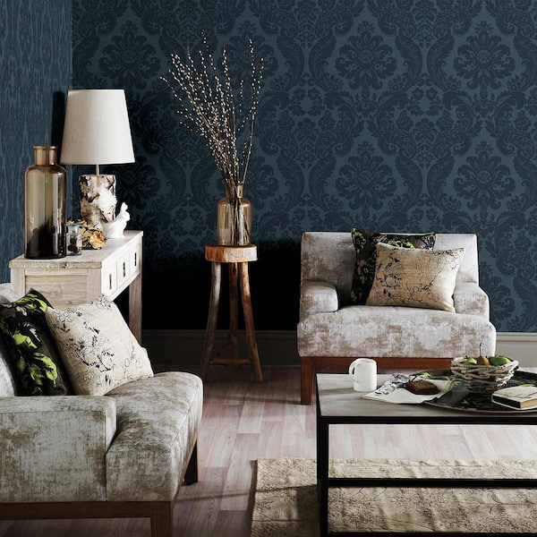 Shadow Blue Damask Blue Wallpaper Sample