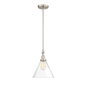 Drake 10 in. W x 10.25 in. H 1-Light Satin Nickel Shaded Pendant Light with Clear Glass Shade