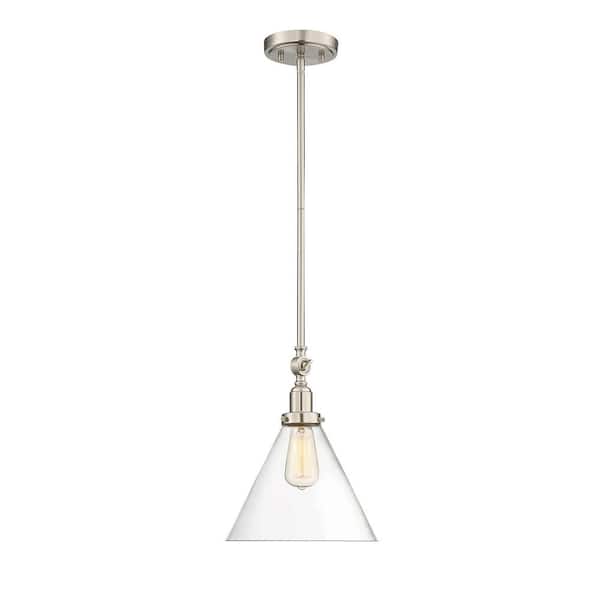 Savoy House Drake 10 in. W x 10.25 in. H 1-Light Satin Nickel Shaded Pendant Light with Clear Glass Shade