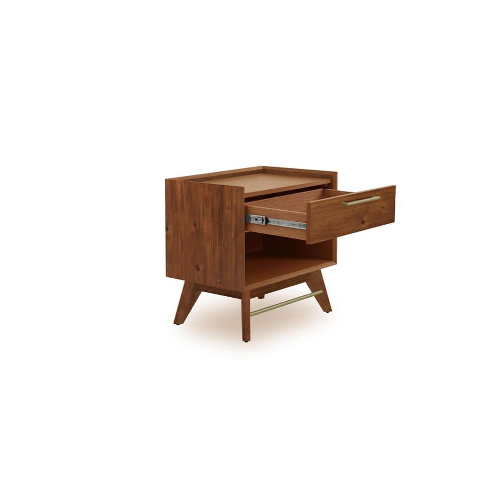 Walnut Acacia Wood Nightstand with Brass Handle and Shelf