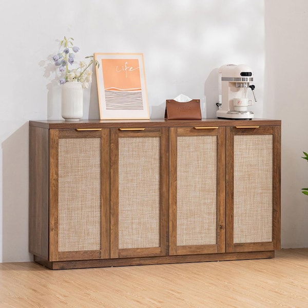 Hommpa Vintage Brown Wood 55.1 in. W Rattan Sideboard Cabinet Buffet Cabinet with Adjustable Shelves
