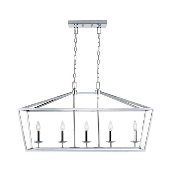 Home Decorators Collection Weyburn 36 in. 5-Light Polished Chrome Farmhouse Linear Chandelier Light Fixture with Caged Metal Shade