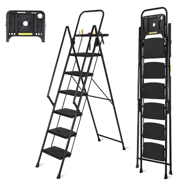 Tatayosi 6-Step Compact Metal Step Stool Ladder with Tool Tray, 350 lbs. Load Capacity Type II Duty Rating, Black