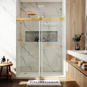 56-60.75 in. W x 79 in. H Double Sliding Frameless Soft Close Shower Door in Brushed Gold with 3/8 in. Clear Glass