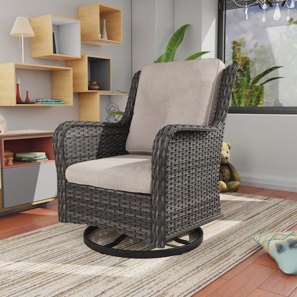 Wicker Outdoor Rocking Chair Patio Swivel with Beige Cushions