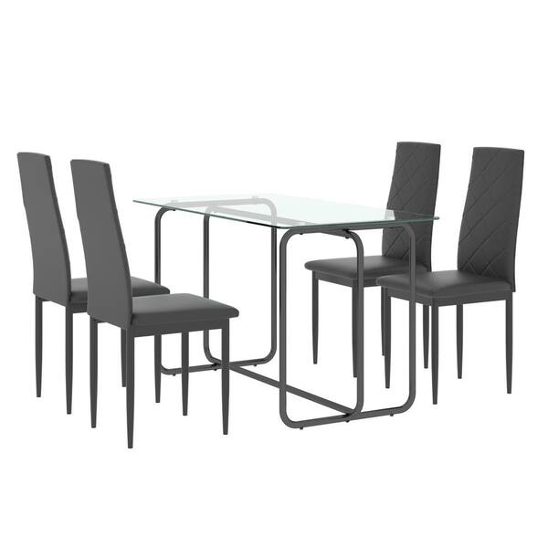 Angel Sar 5-Piece Rectangle Clear Tempered Glass Dining Table Set with Four Gray PU Chairs for Dining Room, Kitchen