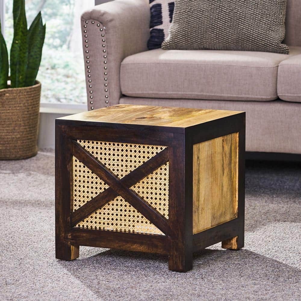 Handcrafted Mango Wood and Cane Wicker Ottoman Stool, Natural and Walnut