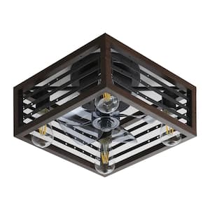 Retro 4 Lights Integrated LED Brown Square Caged Ceiling Fan Chandelier for Dining Room, Bedroom, and Living Room