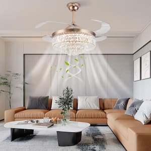 42 in. Integrated LED Indoor Gold Crystal Acrylic Retractable Blade Ceiling Fan with Light