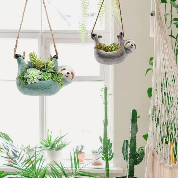 3.54 in. Ceramic White Indoor Outdoor Artificial Plant Sloth Hanging Planter  for Succulent Cactus Flower Pot 59B1124C1915 - The Home Depot