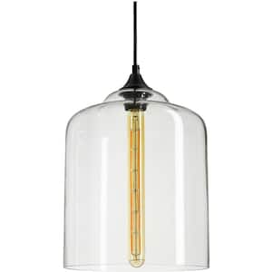 1-Light Clear Glass Cylinder Pendant Light Fixture with Glass Shade