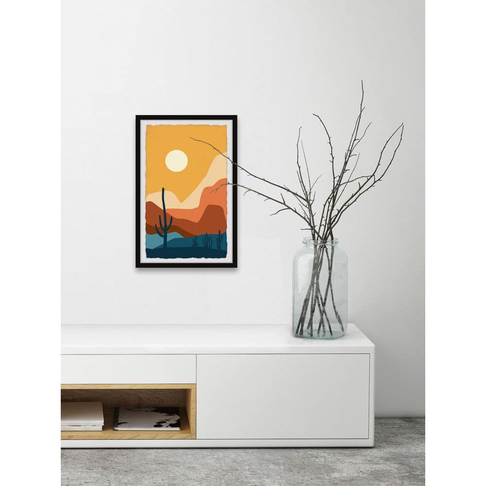 Desert Landscape Print with Cacti and Sun in Black Frame