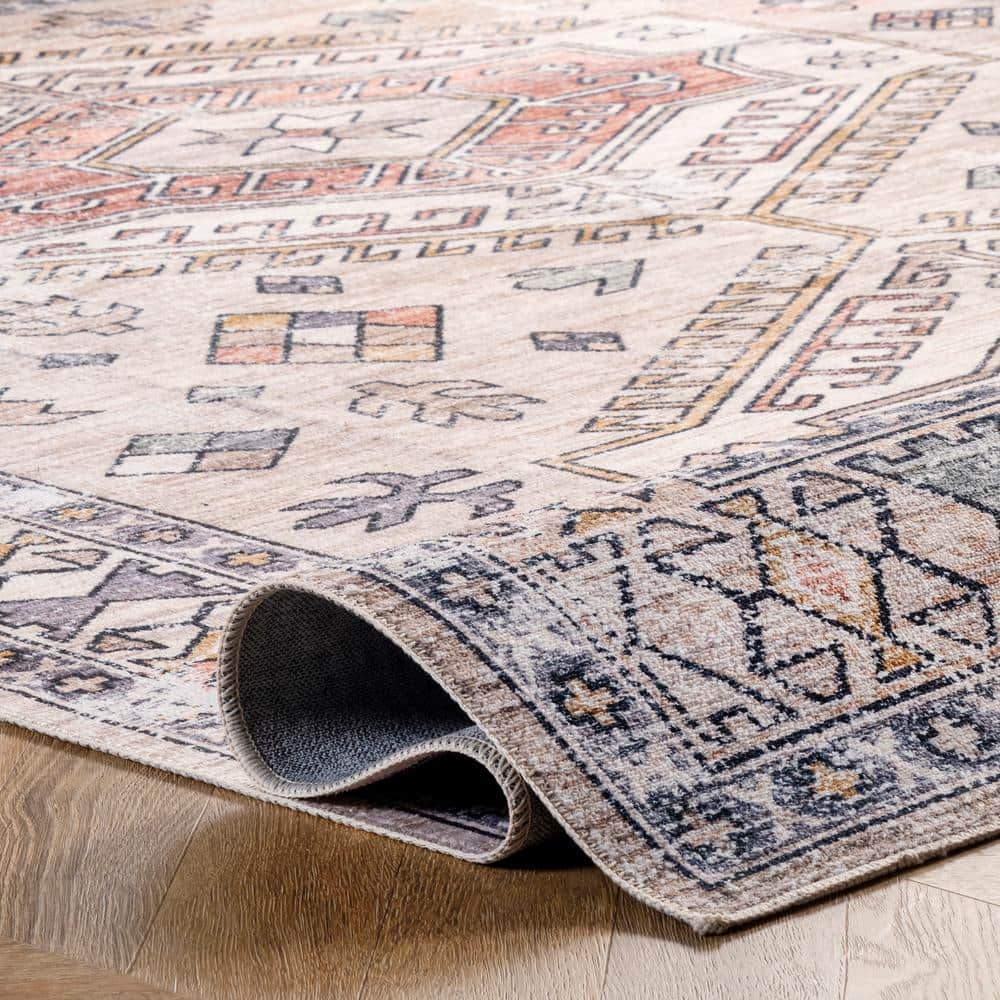 Mae Peach and Ivory Tribal Motif Machine Washable 3' x 5' Area Rug