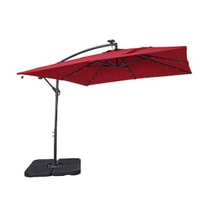 8.2 ft. Red Steel Solar LED Square Banana Umbrella Cantilever Umbrella with Base