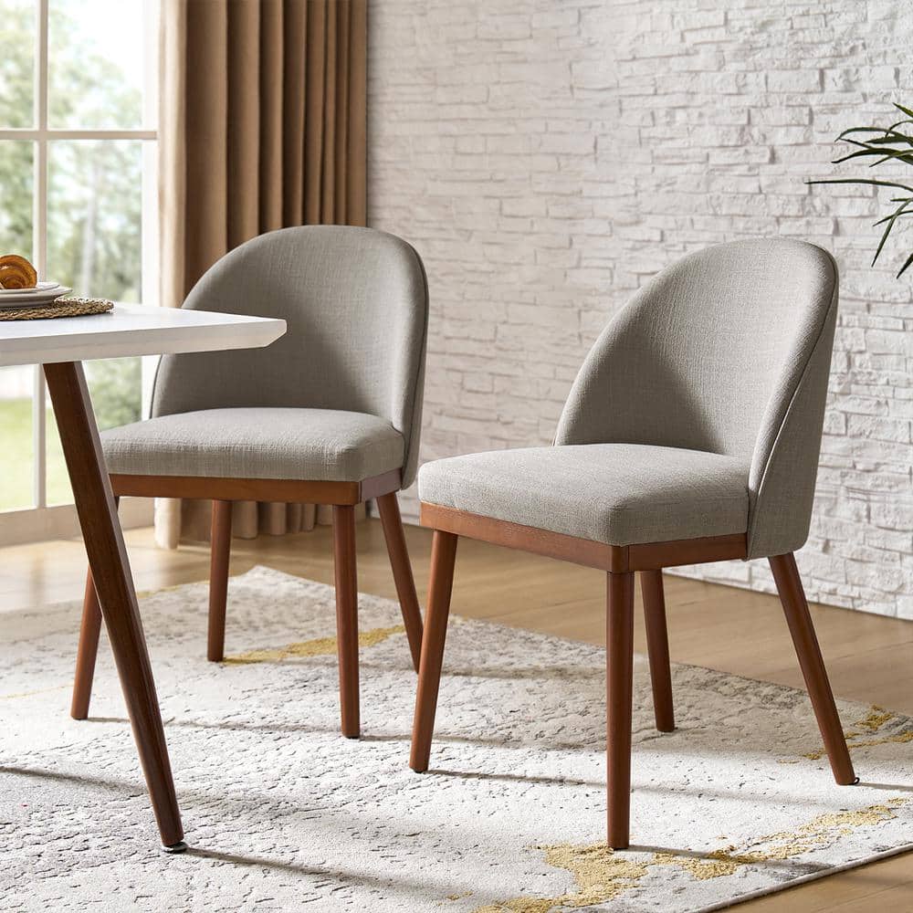 Gray Upholstered Low Back Dining Chair with Solid Wood Legs Set of 2