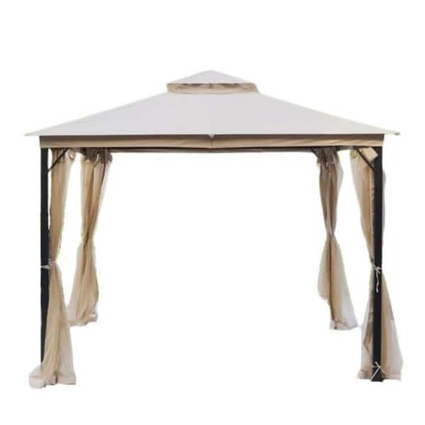 10 ft. x 10 ft. Soft Top Metal Steel Gazebo with Mosquito Net, Sunshade Curtains, Sturdy Double Roof Canopy for Gardens