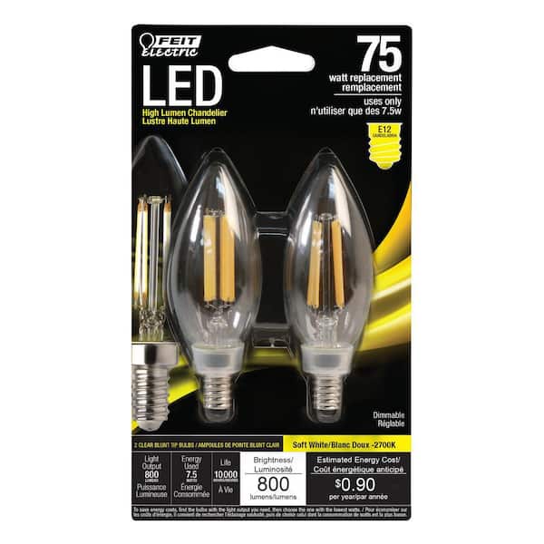 Feit Electric 75-Watt Equivalent (2700K) B10 Candelabra Dimmable Filament LED Clear Glass Light Bulb in Soft White (12-Pack)