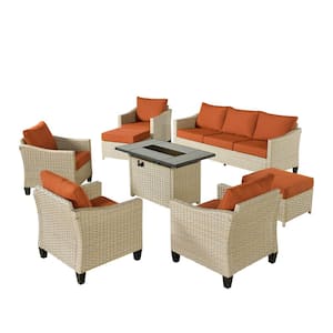 Camelia C Beige 8-Piece Wicker Patio Rectangular Fire Pit Seating Set with Orange Red Cushions