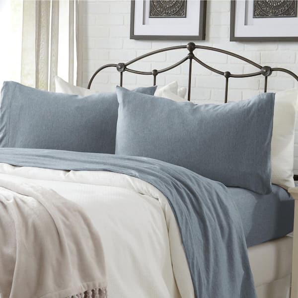 FRESHFOLDS Blue Ultra-Soft Cotton Heathered Melange Jersey Knit King Sheet Set