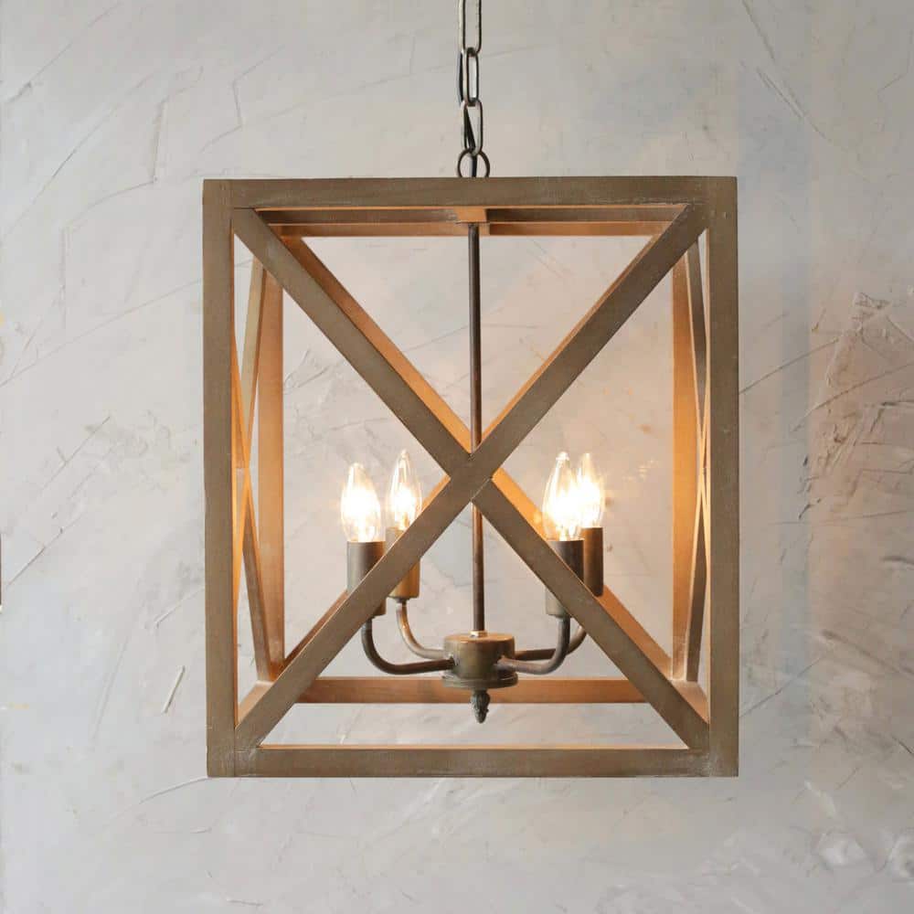 Natural Brown Wood and Metal Cage Chandelier, 4-Bulb