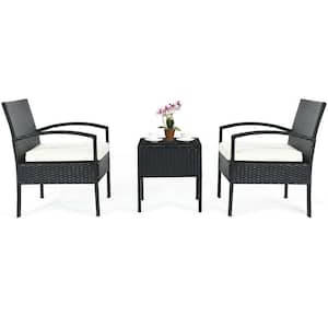 Black 3-Piece Rattan Wicker Patio Conversation Set Backyard Garden Seating Furniture with White Cushions