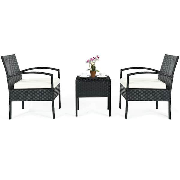 Black 3-Piece Rattan Wicker Patio Conversation Set Backyard Garden Seating Furniture with Off White Cushions