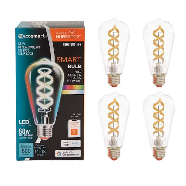60-Watt Equivalent Smart ST19 Clear Color Changing CEC LED Light Bulb with Voice Control Powered by Hubspace (4-Pack)