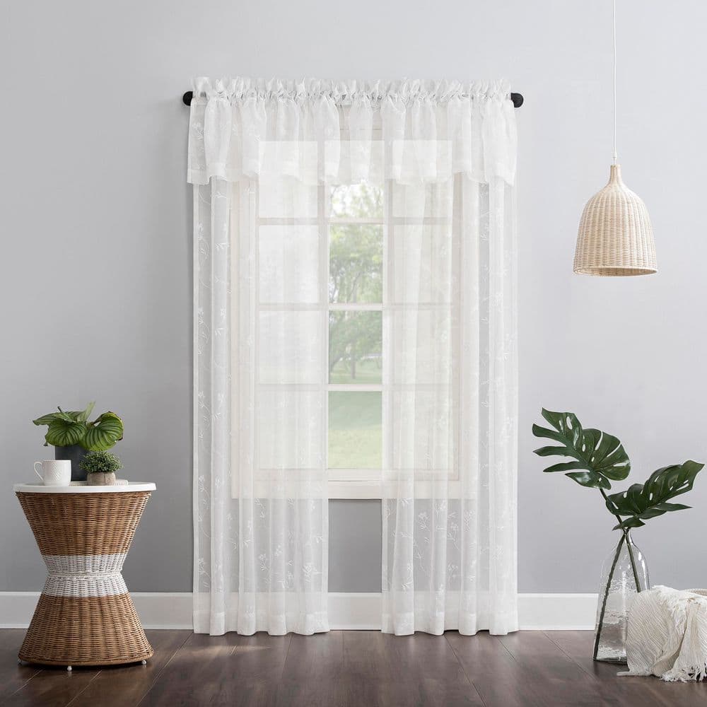 Ivory Sheer Embroidered Floral Rod Pocket Curtain Panel, 63" x 50"