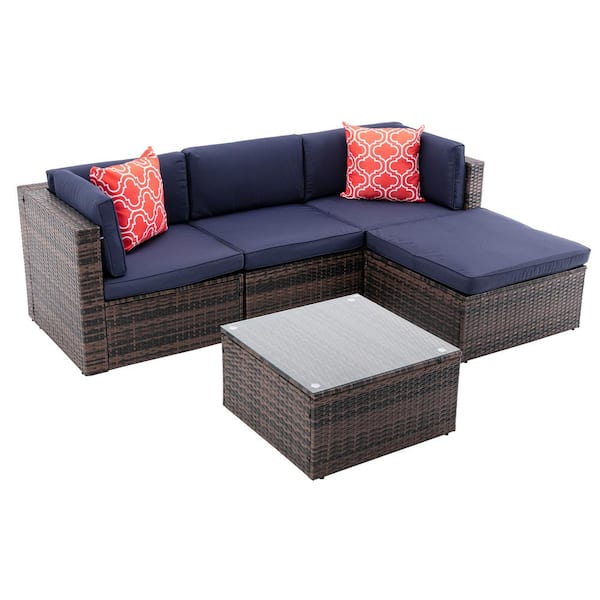maocao hoom 5-Piece Wicker Patio Conversation Set with Navy Blue Cushions, 2 Pillows and Coffee Table