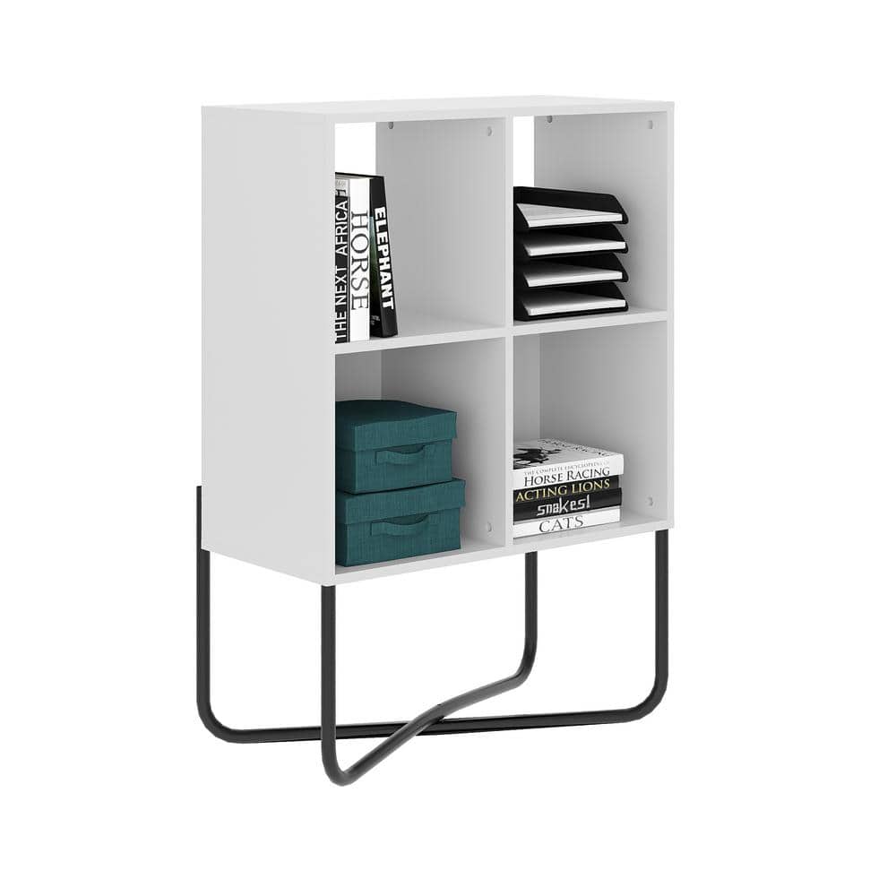 White and Walnut Geometric 2-Tier Bookcase with Black Cross-Legs