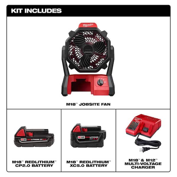 Milwaukee M18 18-Volt Lithium-Ion Cordless Jobsite Fan w/One 5.0 Ah and One  2.0 Ah Battery and Charger 0886-20-48-59-1852 The Home Depot