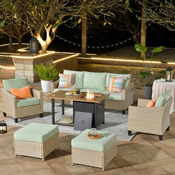 HOOOWOOO Oconee 6-Piece Wicker Outdoor Patio Conversation Sofa Seating Set with a Storage Fire Pit and Light Green Cushions