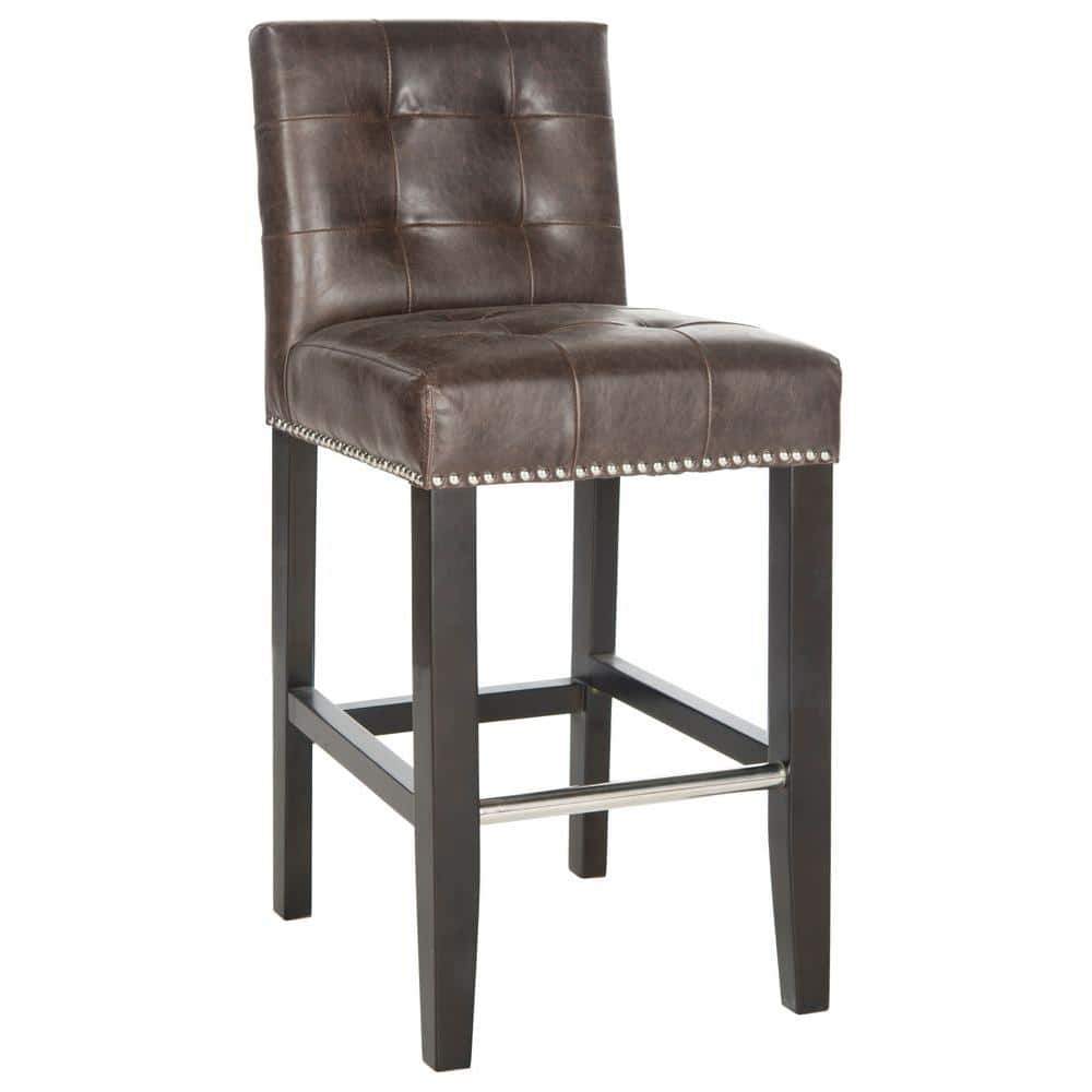 Antique Brown Leather and Wood Counter Stool
