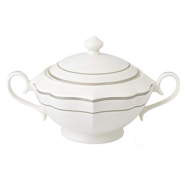 Lorren Home Trends Lace 12 in. x 8.5 in. x 7 in. 4 Qt. 128 fl. oz. Silver Bone China Soup Tureen Serving Bowl with Lid (Set of 2)