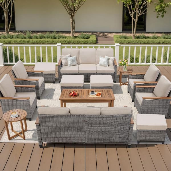 Buenaola Caladin 13-Piece Wood and Wicker Patio Conversation Set, 10-Seat Outdoor Sofa Seating Set With Beige Cushions