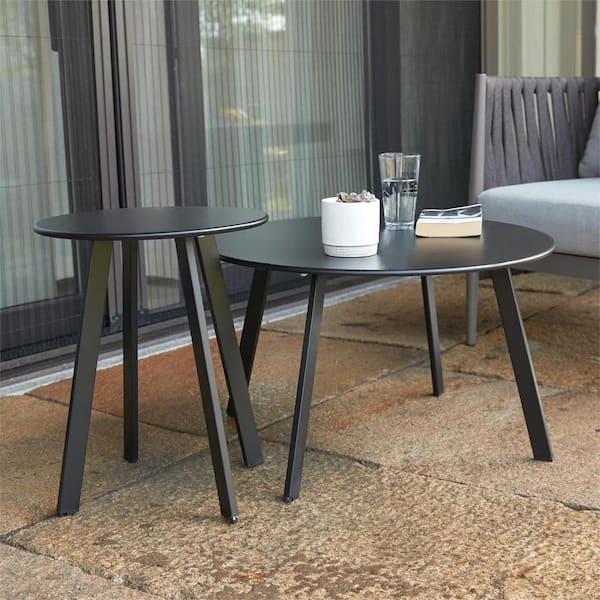 Unbranded 28.17 in. W x 16 in. H Black Round Metal Outdoor Coffee Table Set of 2 for Balcony Patio